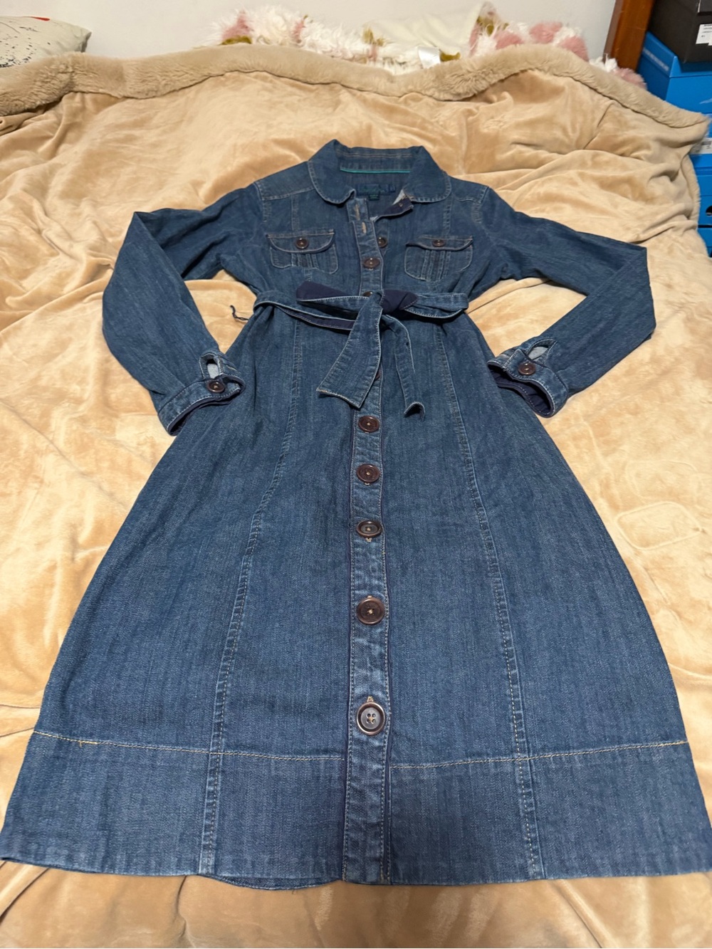 Boden Laura Denim Button-Front Shirt Dress with Tie Belt Size 10L